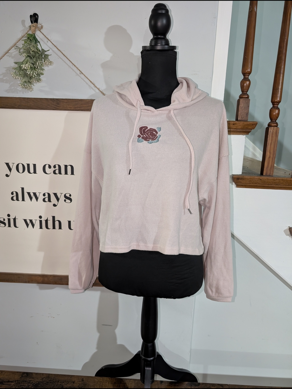 Pink Cropped Hoodie Sweater with Rose Embroidery From Wild Skye Size Medium